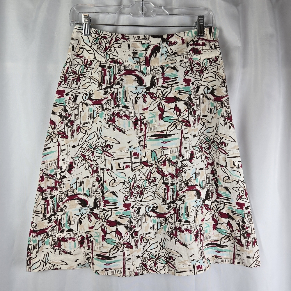 Merona 100% Linen Abstract Floral City Printed Side Zip A-Line Midi Skirt Size 6